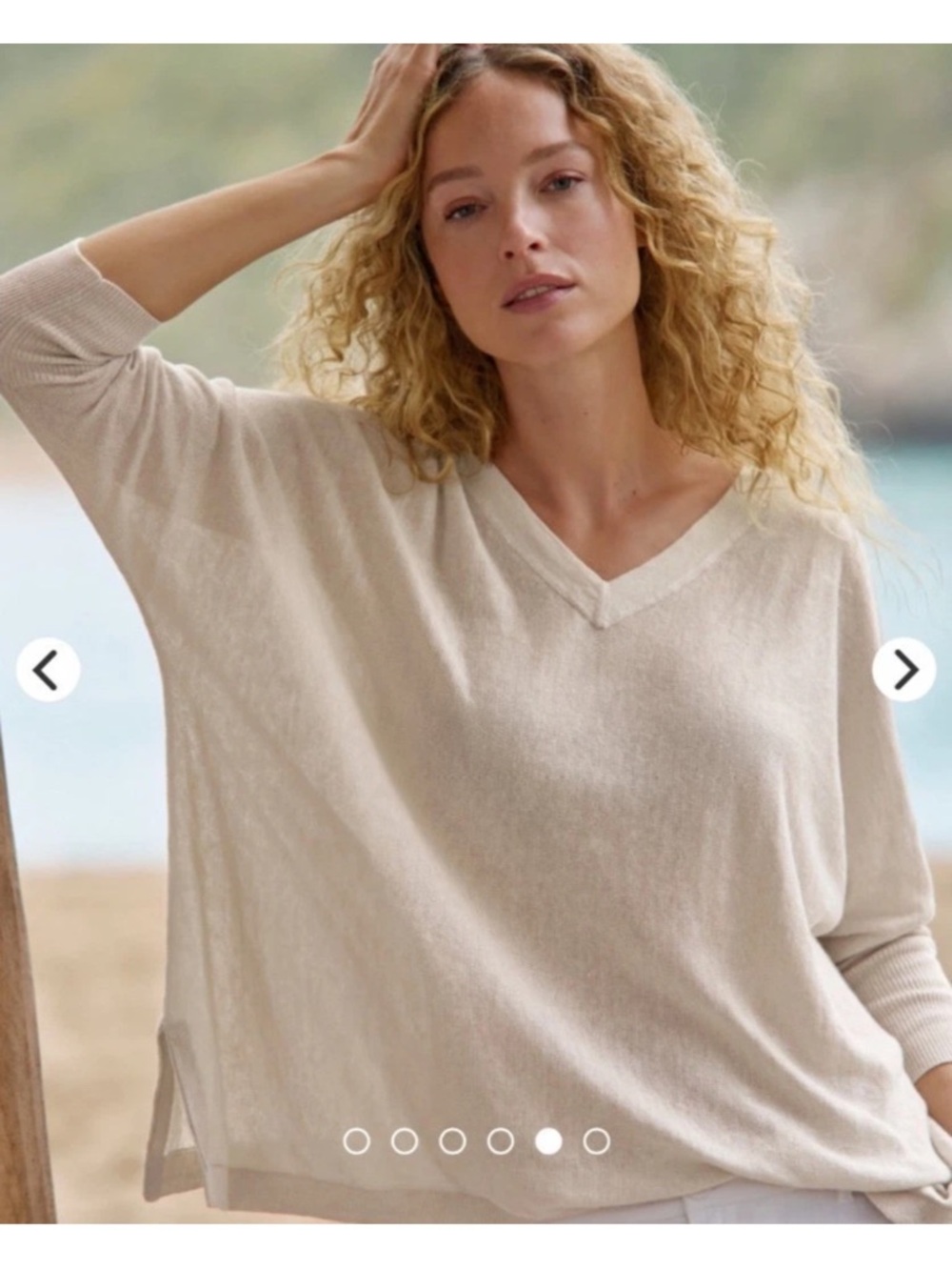 Garnet Hill Organic Linen Oversized Boxy V-Neck Beige Lightweight Sweater Beach